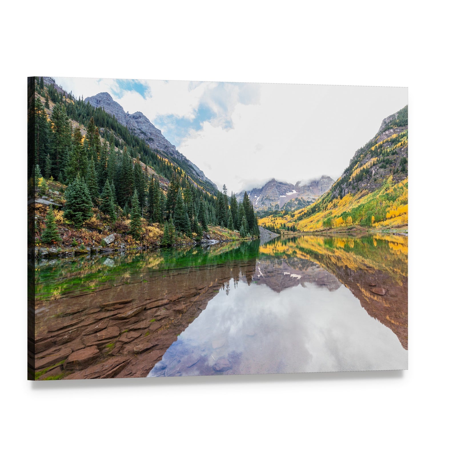 Maroon Bells in Autumn Reflection Canvas Wall Art, single panel gallery wrapped canvas, angled product view