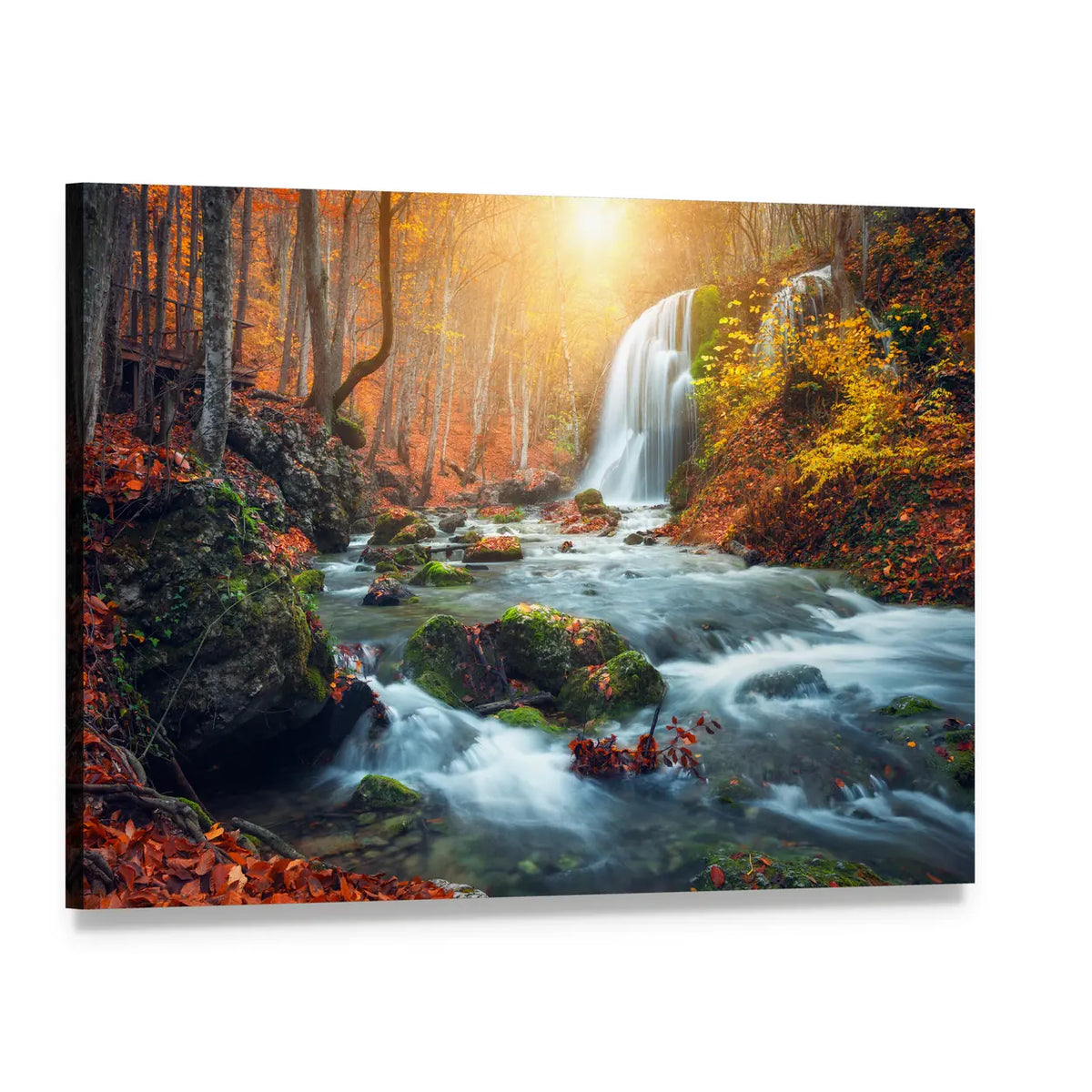 Mountain River Waterfall in Autumn Forest Canvas Wall Art, single panel gallery wrapped canvas, angled product view