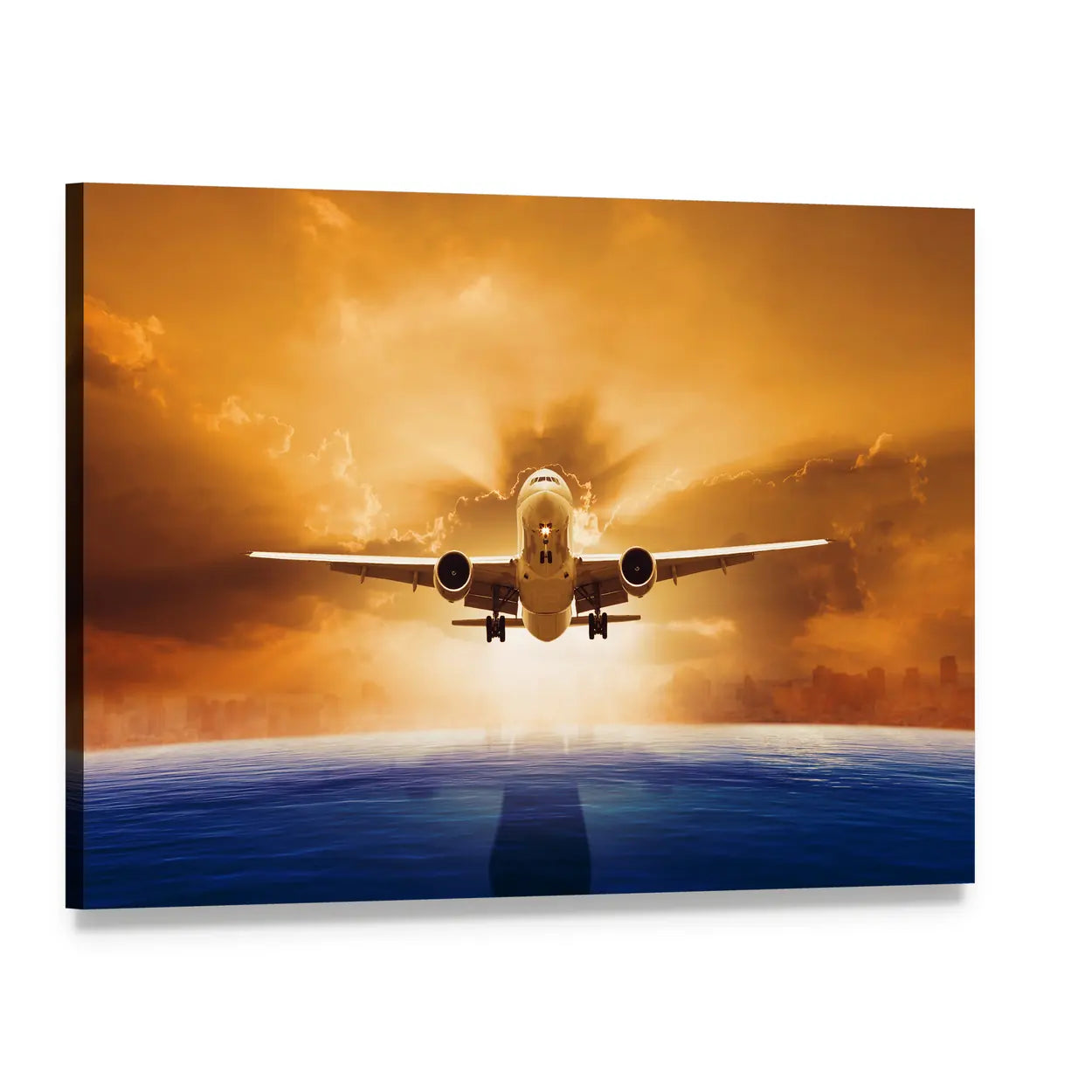 Airplane Over Ocean at Sunset Canvas Wall Art, single panel gallery wrapped canvas, angled product view