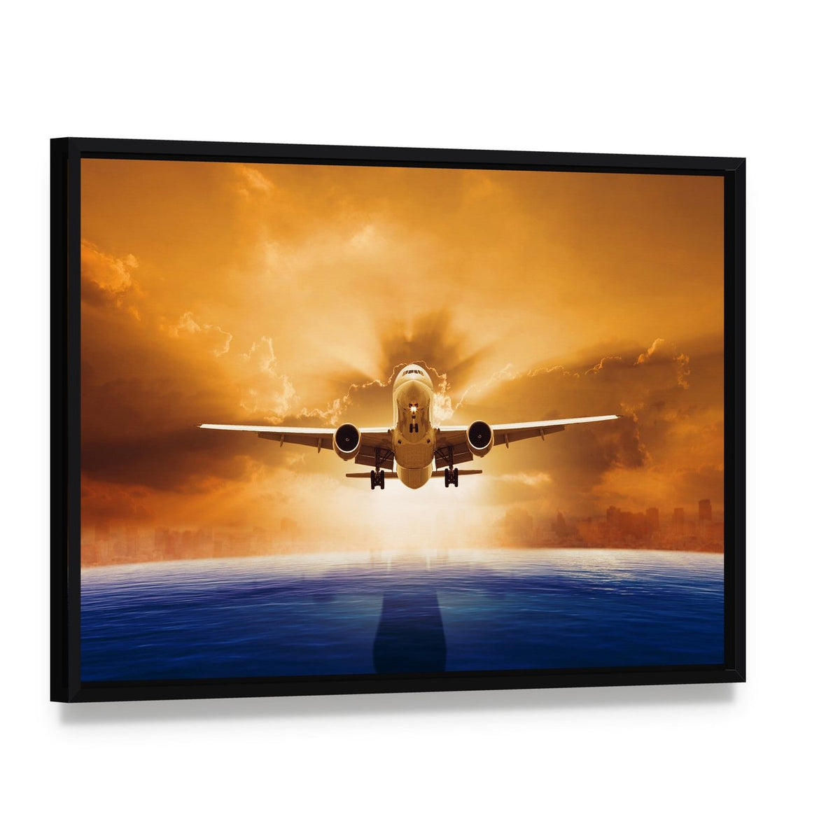 Airplane Flying Above Ocean Canvas Wall Art, framed canvas in a black floater frame, angled product view