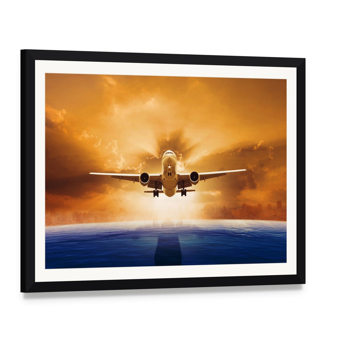 Airplane Flying Above Ocean Canvas Wall Art, framed print with white mat and black frame, angled product view