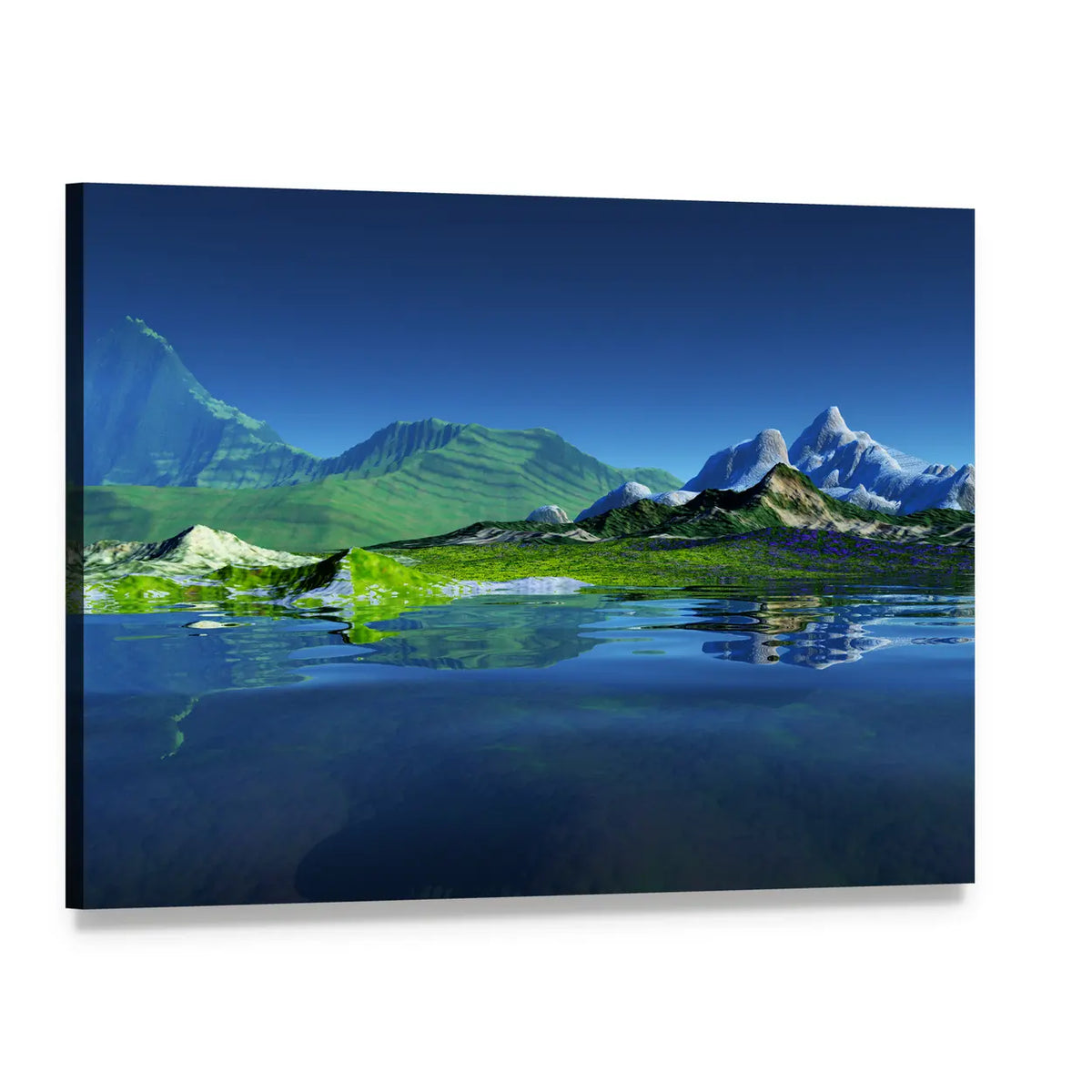Serene Mountain Lake Reflection Canvas Wall Art, single panel gallery wrapped canvas, angled product view