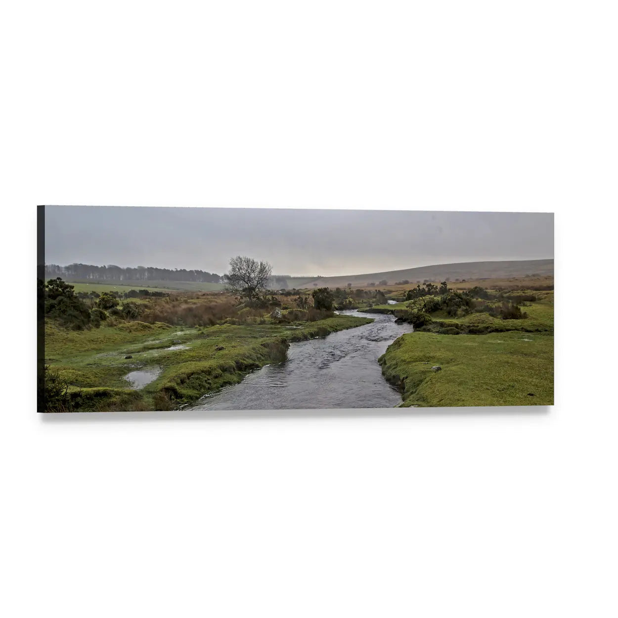 Winding Stream Across Moorland Panoramic Canvas Wall Art, single panel gallery wrapped canvas, angled product view