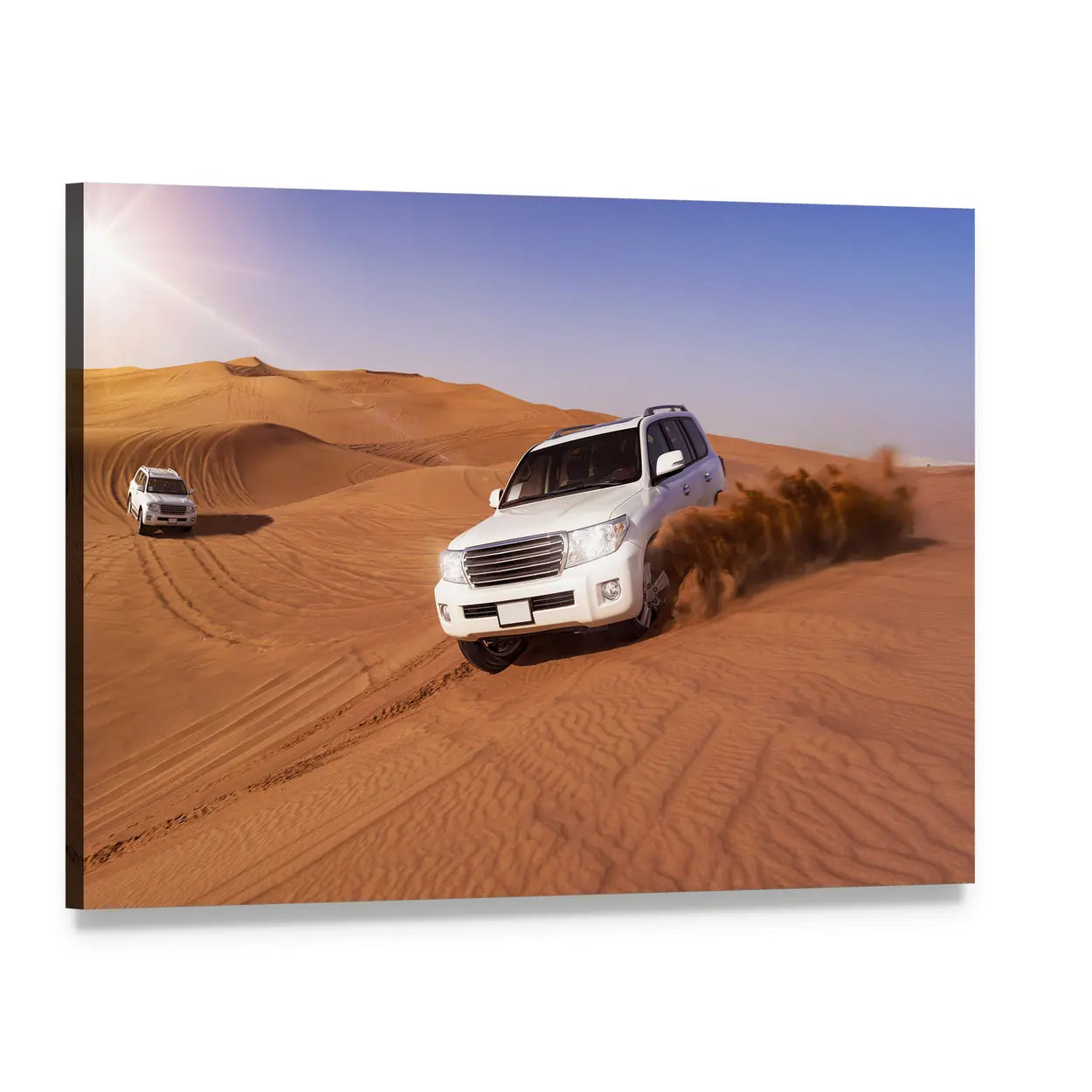 White Suv Off-road Through Desert Dunes Canvas Wall Art, single panel gallery wrapped canvas, angled product view