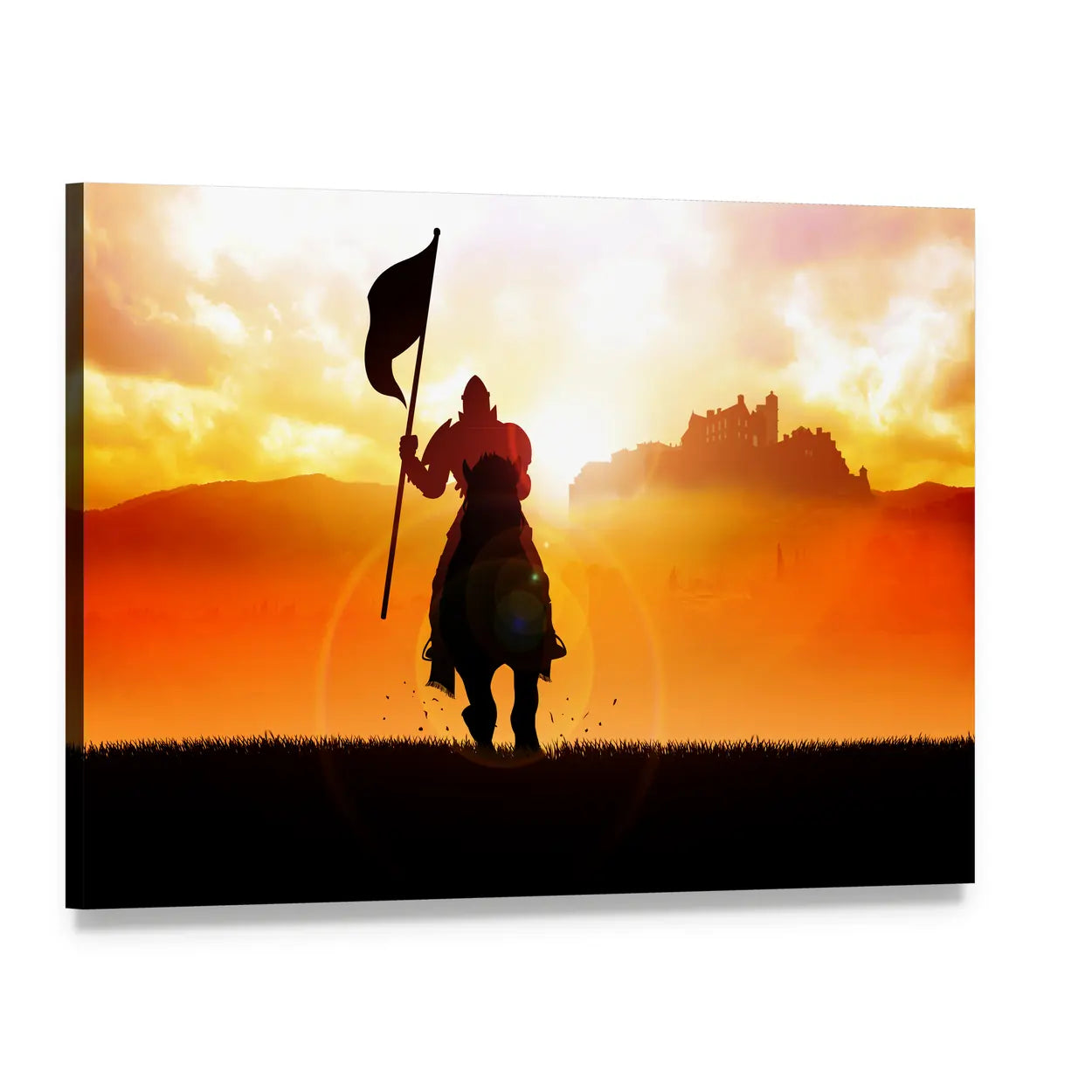 Medieval Knight Silhouette on Horse at Sunset Canvas Wall Art, single panel gallery wrapped canvas, angled product view
