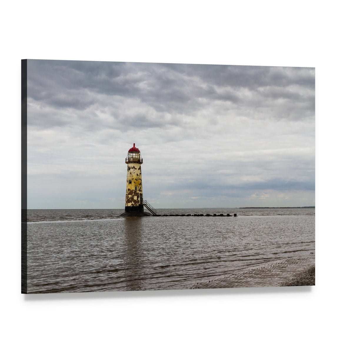 Derelict Striped Lighthouse by Wooden Pier Canvas Wall Art, single panel gallery wrapped canvas, angled product view