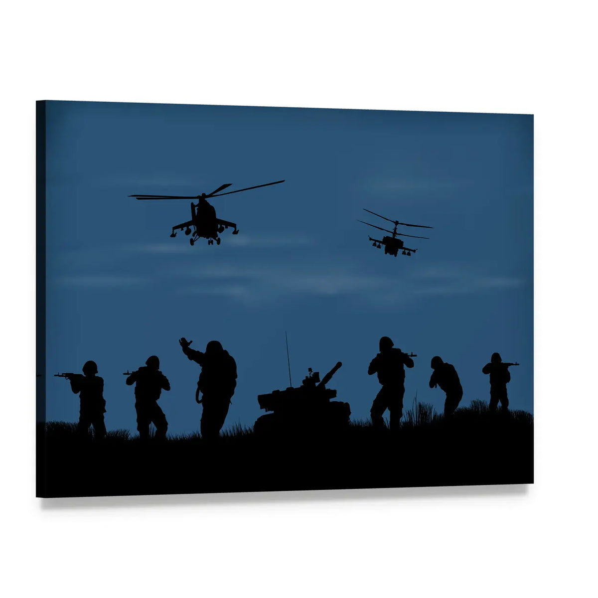 Soldier Silhouettes with Tank and Helicopters Canvas Wall Art, single panel gallery wrapped canvas, angled product view