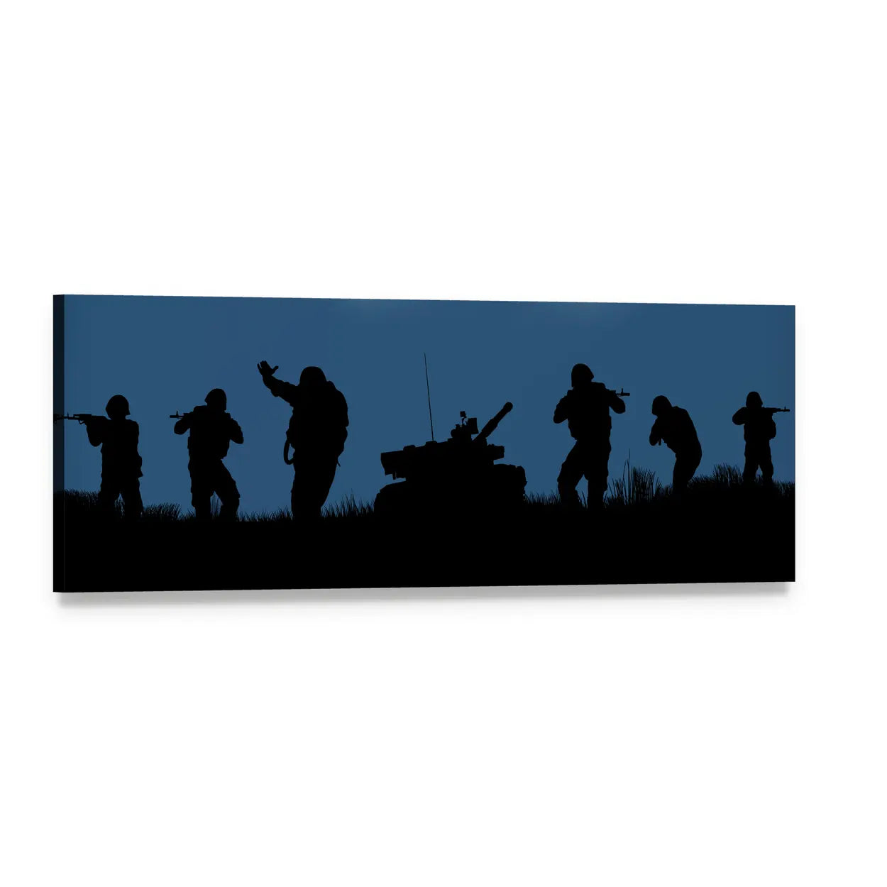Soldiers Ready to Attack Panoramic Canvas Wall Art, single panel gallery wrapped canvas, angled product view