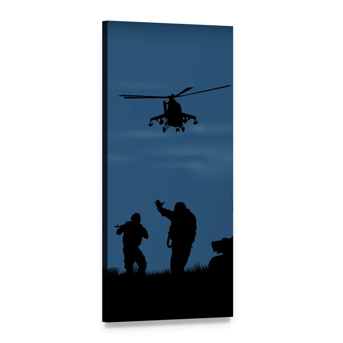 Soldiers, Helicopter, and Tank Silhouettes Vertical Canvas Wall Art, 1 panel 1 Vertical layout gallery wrapped canvas set, angled product view