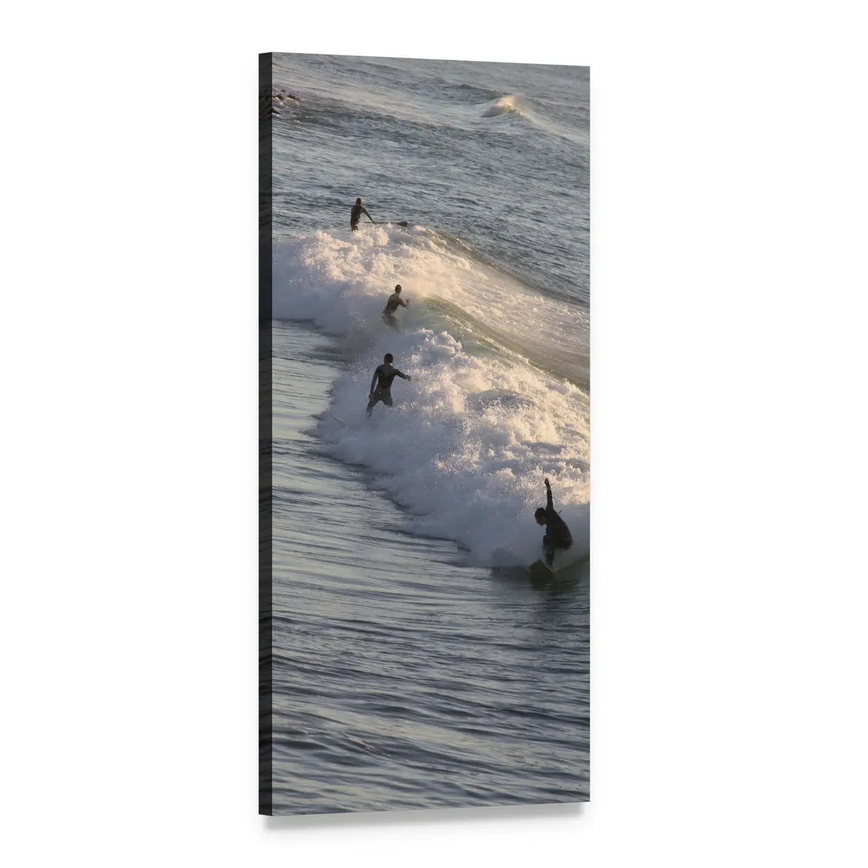 Four Surfers on a Breaking Wave Vertical Canvas Wall Art, 1 panel 1 Vertical layout gallery wrapped canvas set, angled product view