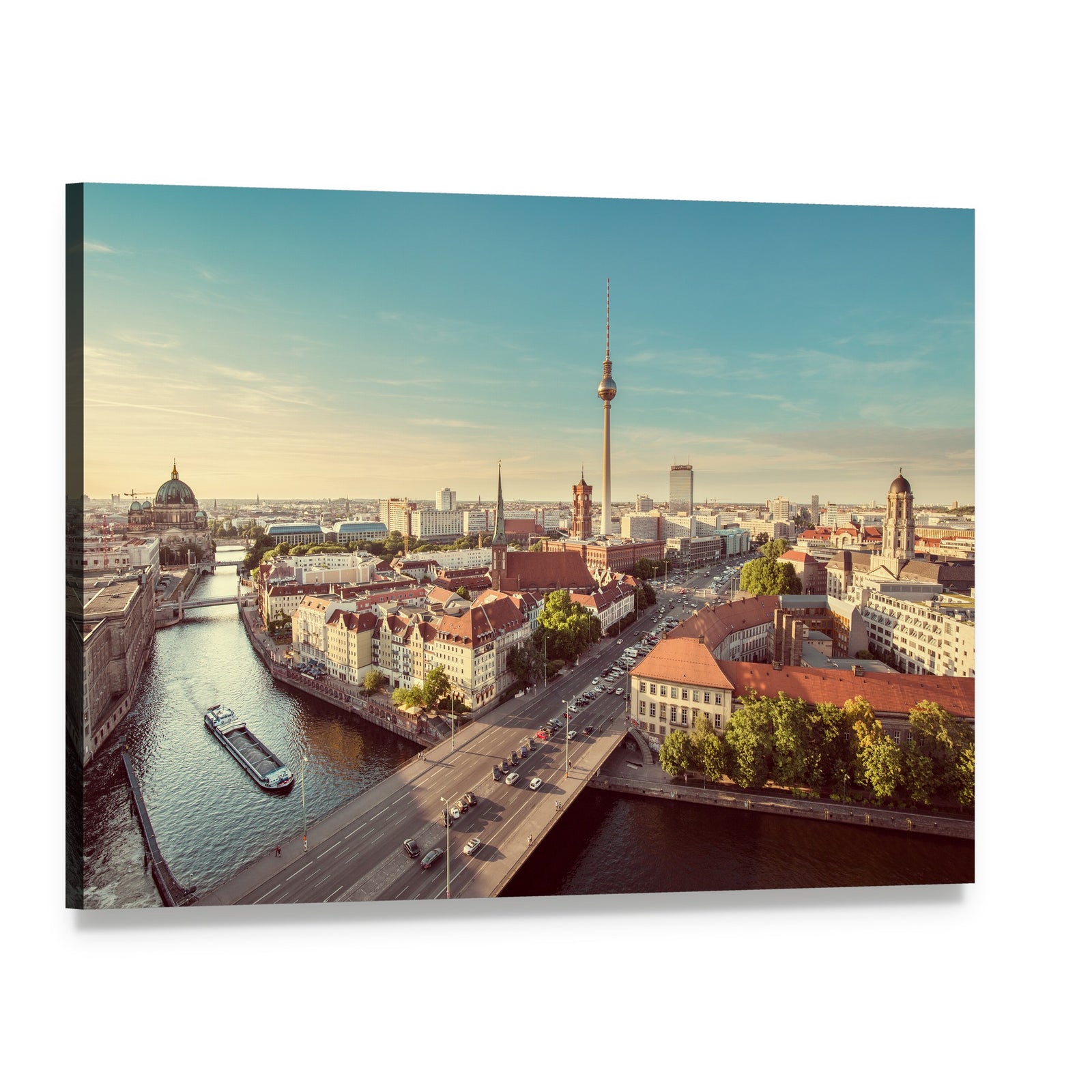 Berlin Tv Tower Over Spree River Canvas Wall Art, single panel gallery wrapped canvas, angled product view