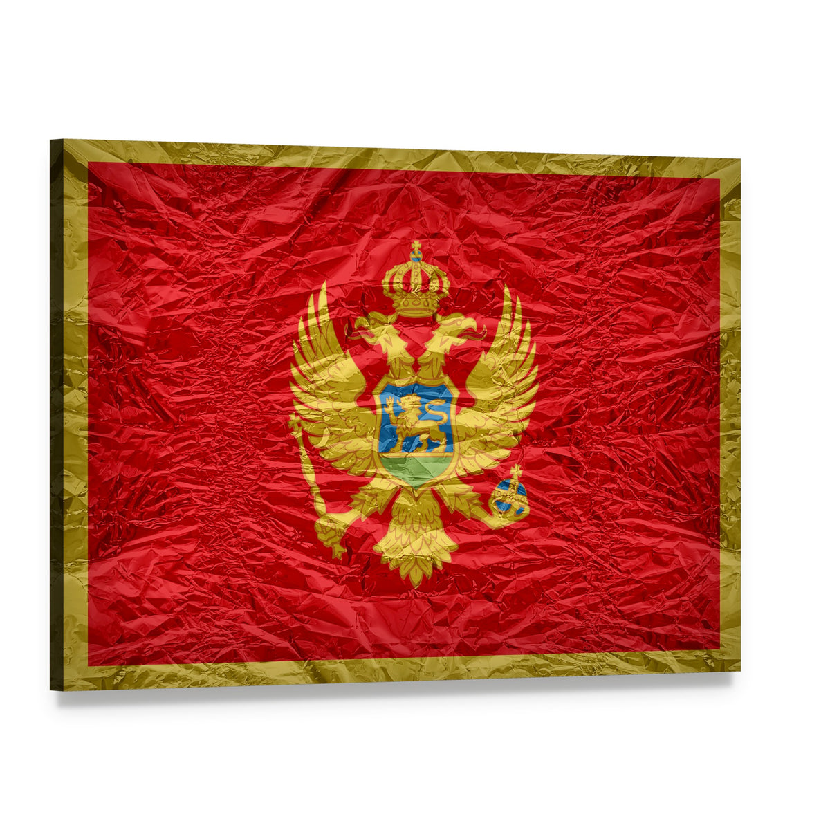 Montenegro Flag with Gold Coat of Arms Canvas Wall Art, single panel gallery wrapped canvas, angled product view