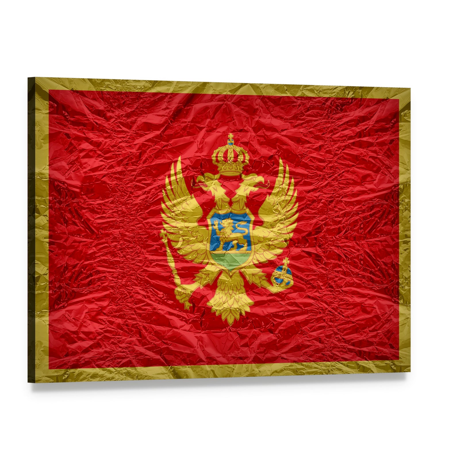Montenegro Flag with Gold Coat of Arms Canvas Wall Art, single panel gallery wrapped canvas, angled product view