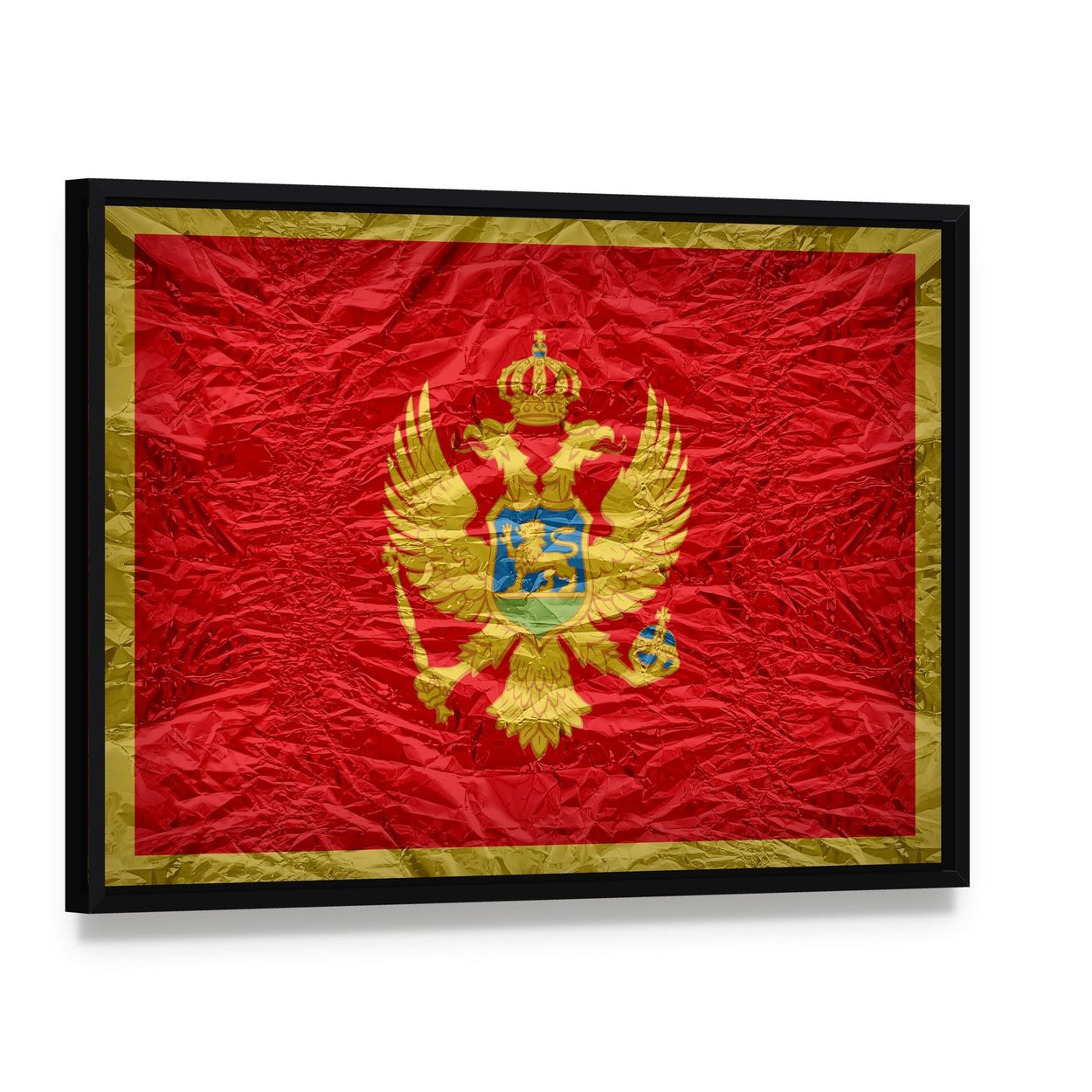 Montenegro Flag with Gold Coat of Arms Canvas Wall Art, framed canvas in a black floater frame, angled product view