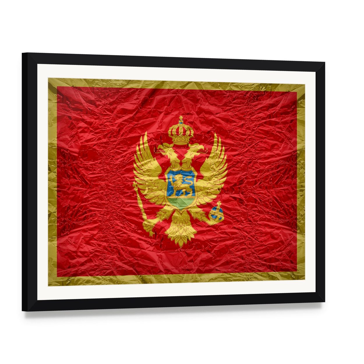 Montenegro Flag with Gold Coat of Arms Canvas Wall Art, framed print with white mat and black frame, angled product view