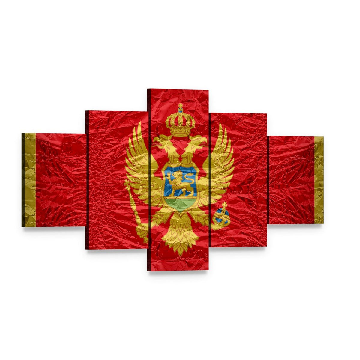 Montenegro Flag with Gold Coat of Arms Canvas Wall Art, 5 panel 5 Star layout gallery wrapped canvas set, angled product view