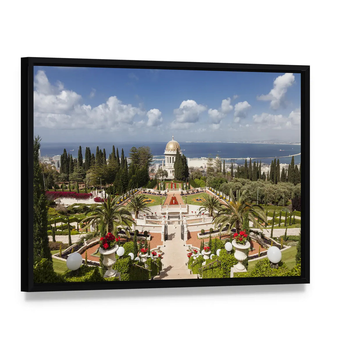 Bahai Garden, Israel Canvas Wall Art, framed canvas in a black floater frame, angled product view