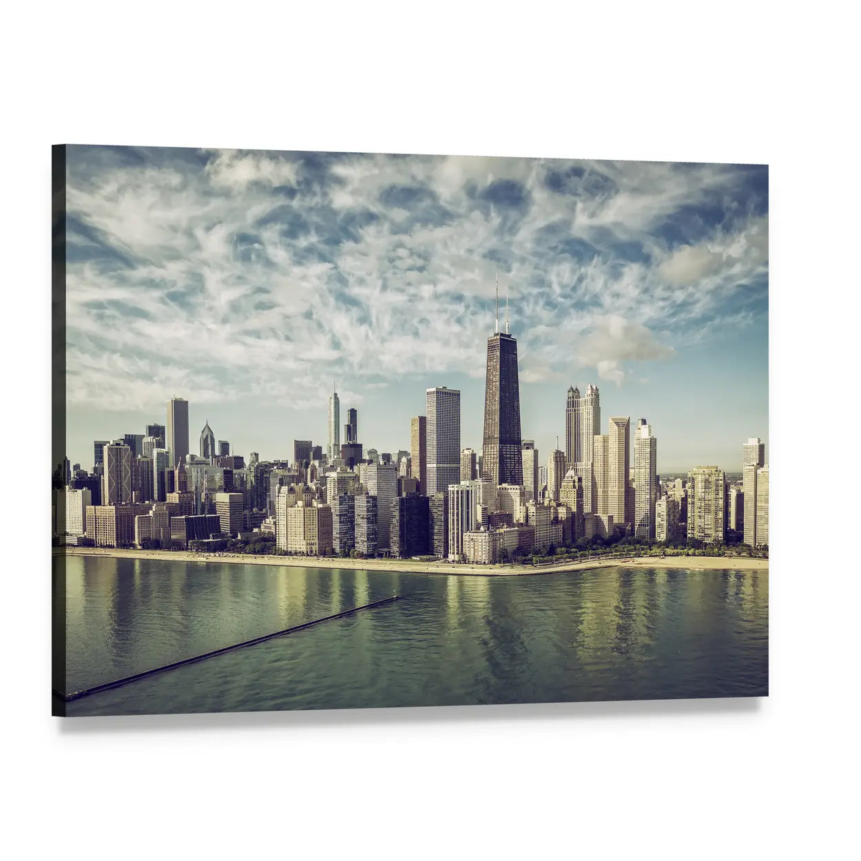 Chicago Skyline Over Lake Michigan Canvas Wall Art, single panel gallery wrapped canvas, angled product view