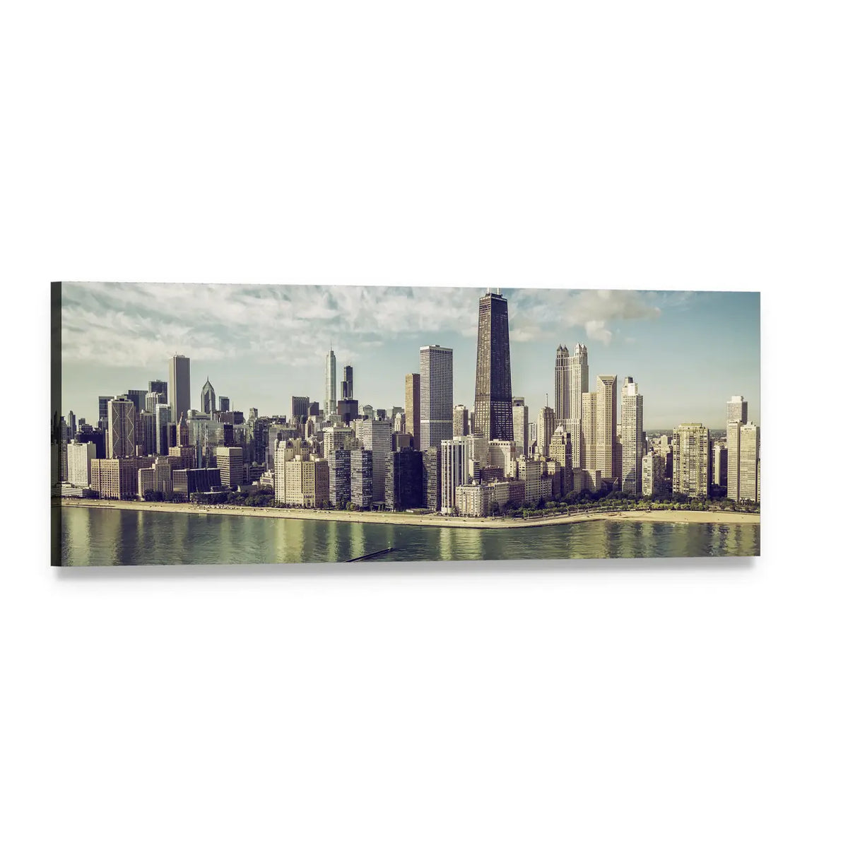 Chicago Skyline with John Hancock Center Panoramic Canvas Wall Art, single panel gallery wrapped canvas, angled product view