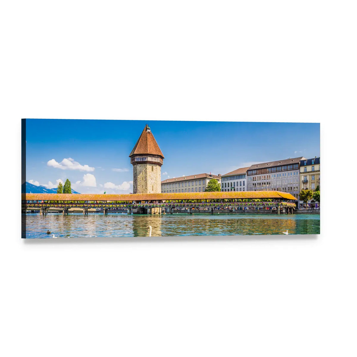 Chapel Bridge with Stone Water Tower Panoramic Canvas Wall Art, single panel gallery wrapped canvas, angled product view