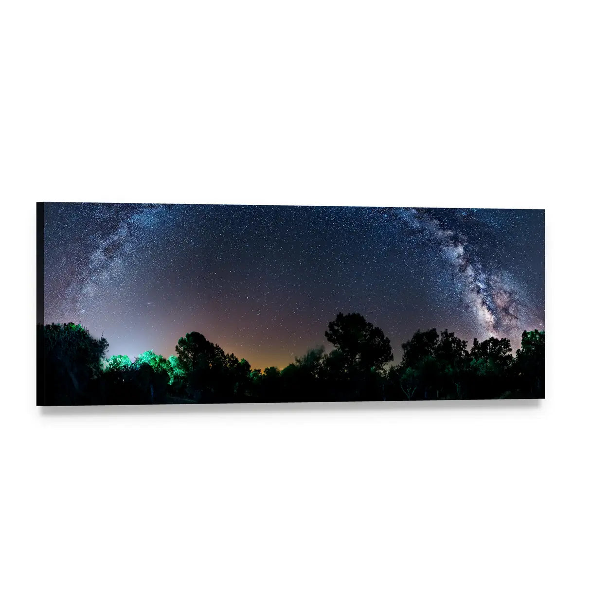 Milky Way Over Silhouetted Trees Panoramic Canvas Wall Art, single panel gallery wrapped canvas, angled product view