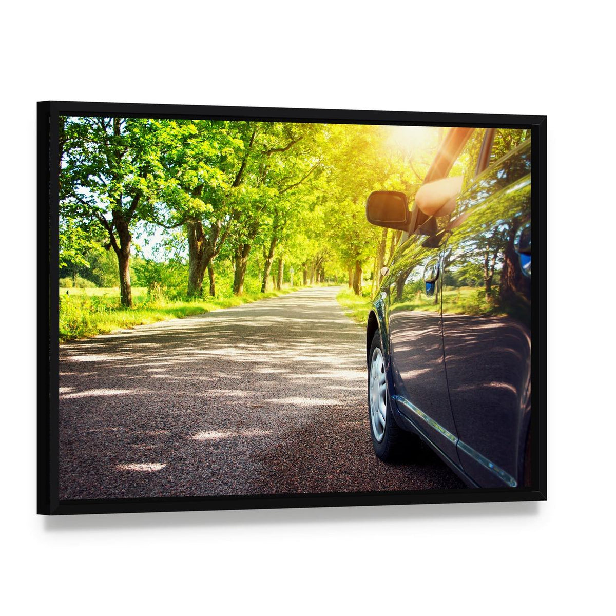 Car on Asphalt Road Canvas Wall Art, framed canvas in a black floater frame, angled product view