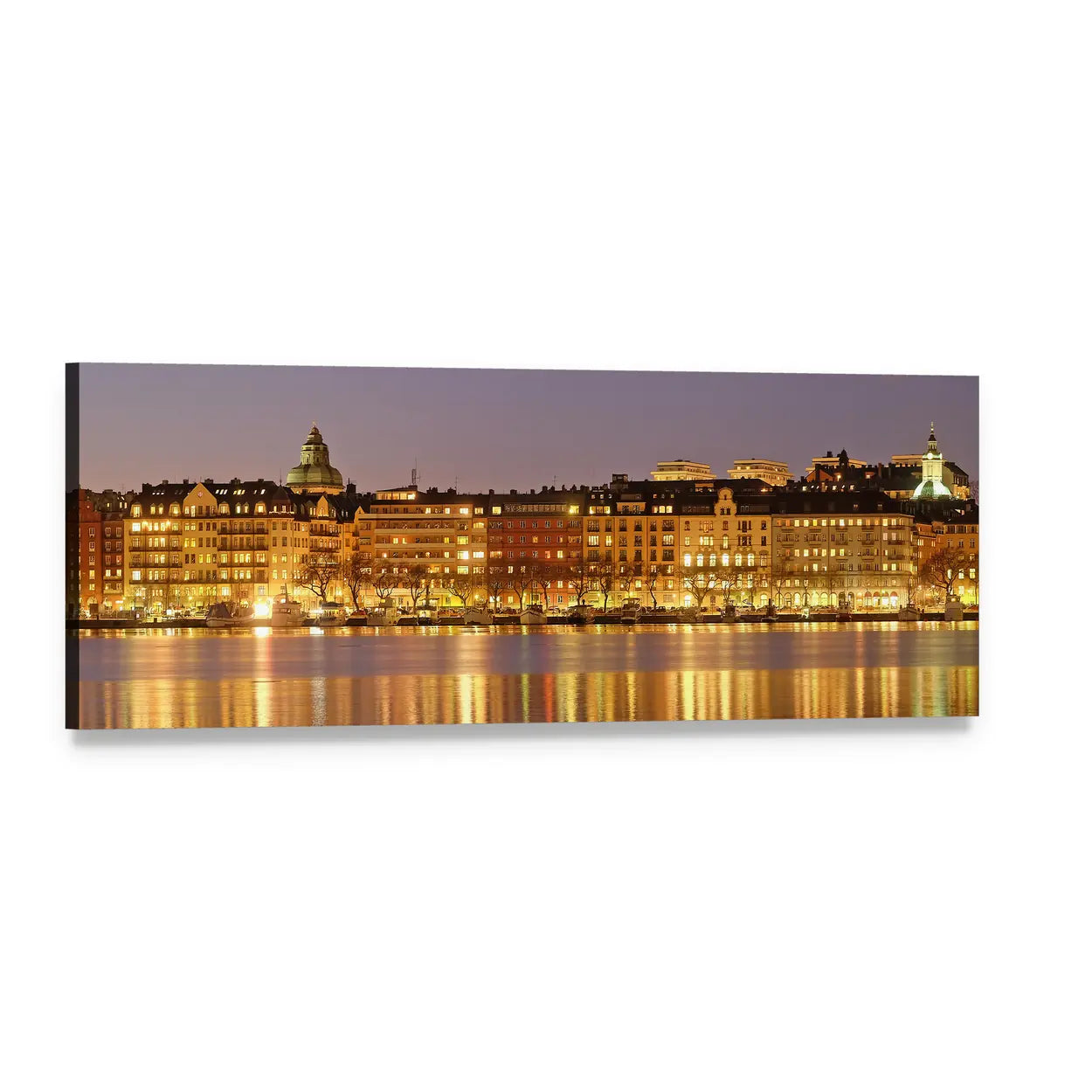 Stockholm Night Waterfront Reflections Panoramic Canvas Wall Art, single panel gallery wrapped canvas, angled product view