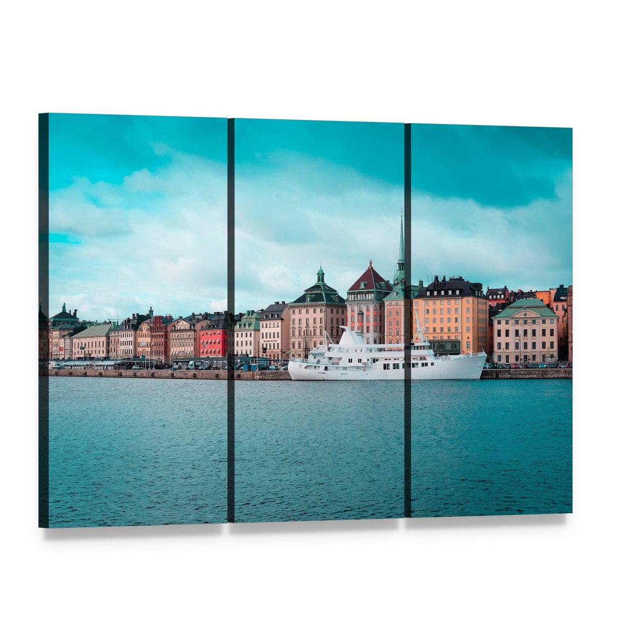 Passenger Ship in Stockholm Harbour Canvas Wall Art, 3 panel 3 Horizontal layout gallery wrapped canvas set, angled product view