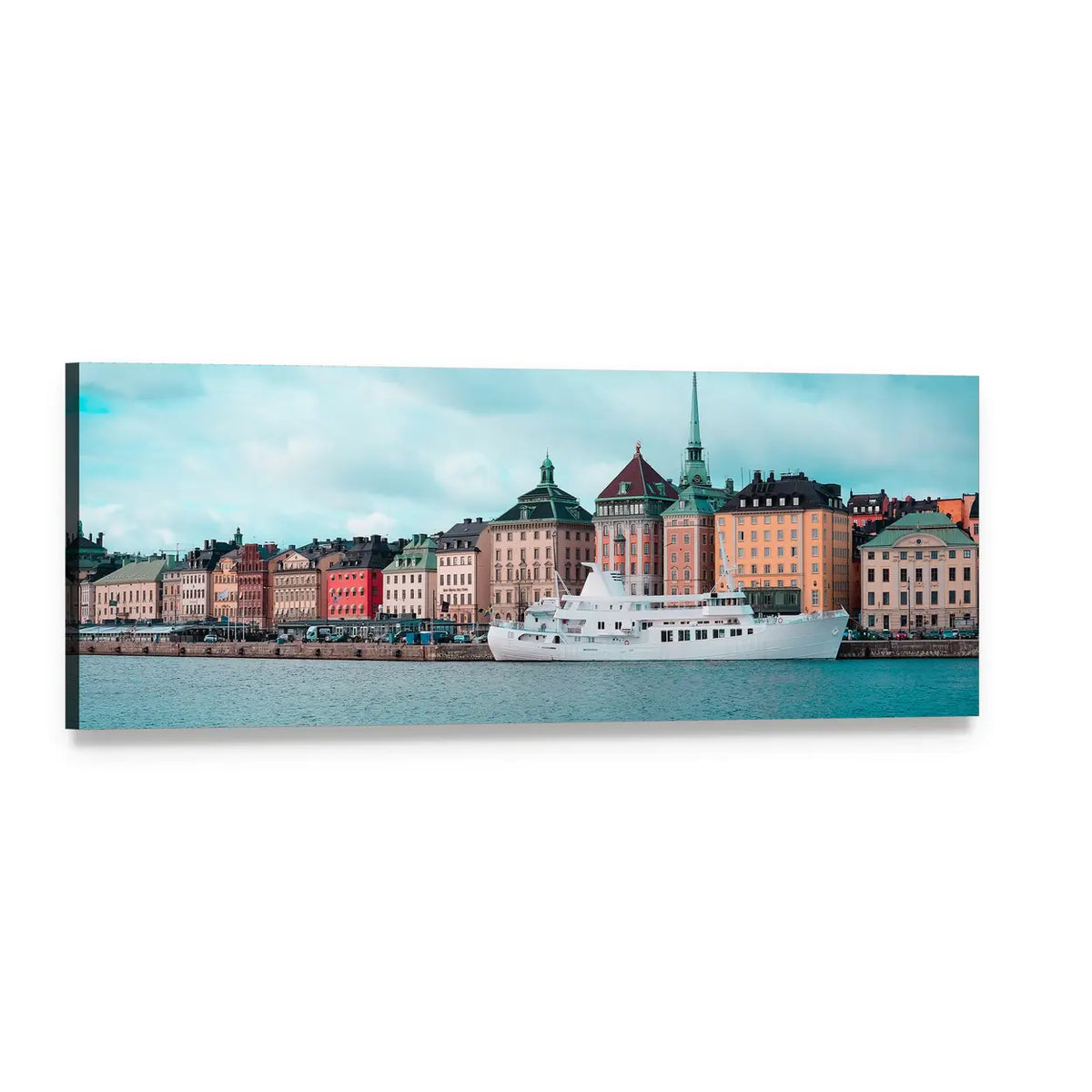Passenger Ship in Stockholm Harbor Panoramic Canvas Wall Art, single panel gallery wrapped canvas, angled product view