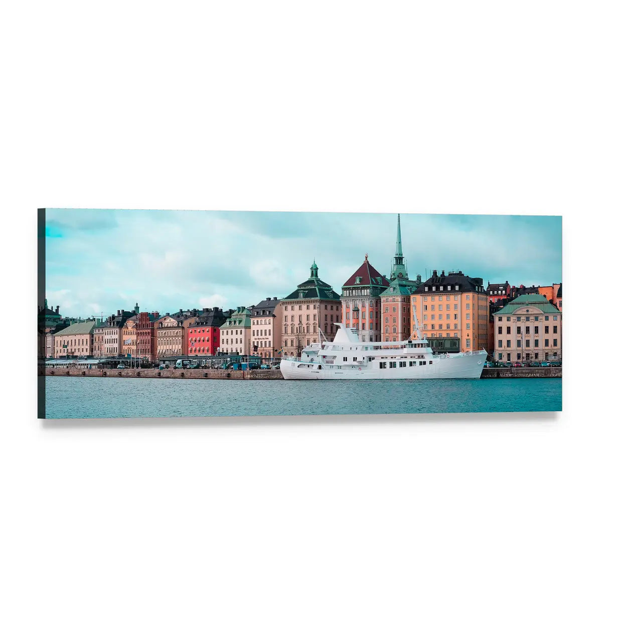 Passenger Ship in Stockholm Harbor Panoramic Canvas Wall Art, single panel gallery wrapped canvas, angled product view