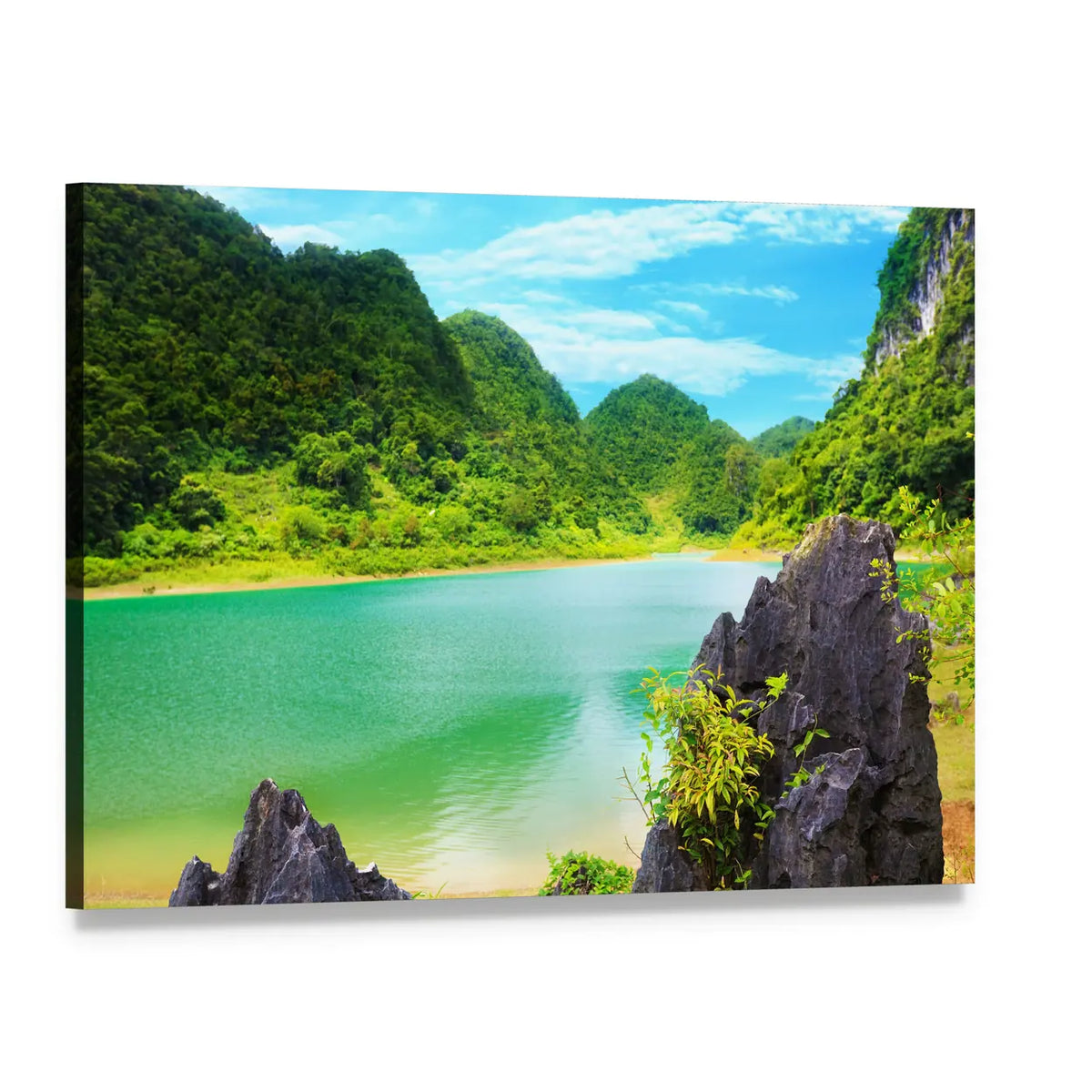 Thang Hen Lake Turquoise Shoreline Canvas Wall Art, single panel gallery wrapped canvas, angled product view
