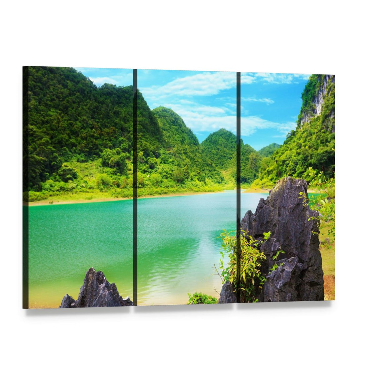 Thang Hen Lake Landscape Canvas Wall Art, 3 panel 3 Horizontal layout gallery wrapped canvas set, angled product view