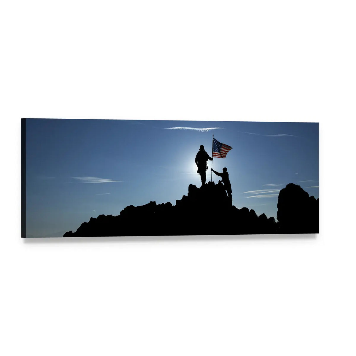 Two Soldiers Raising the American Flag Panoramic Canvas Wall Art, single panel gallery wrapped canvas, angled product view