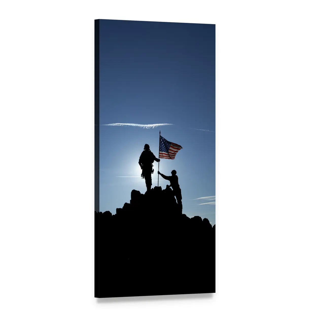 Two Soldiers Raising the American Flag Vertical Canvas Wall Art, 1 panel 1 Vertical layout gallery wrapped canvas set, angled product view