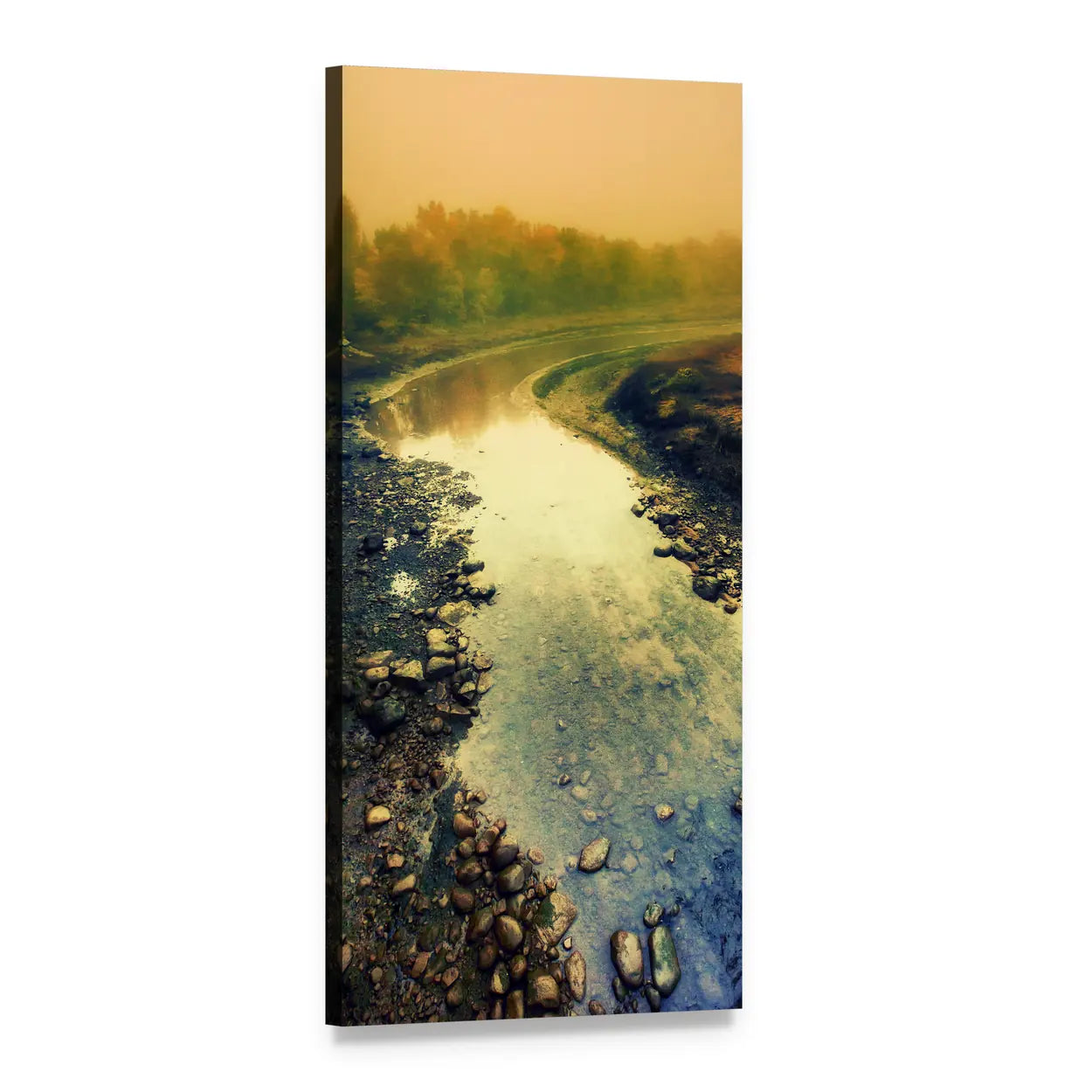 Misty River Landscape Vertical Canvas Wall Art, 1 panel 1 Vertical layout gallery wrapped canvas set, angled product view