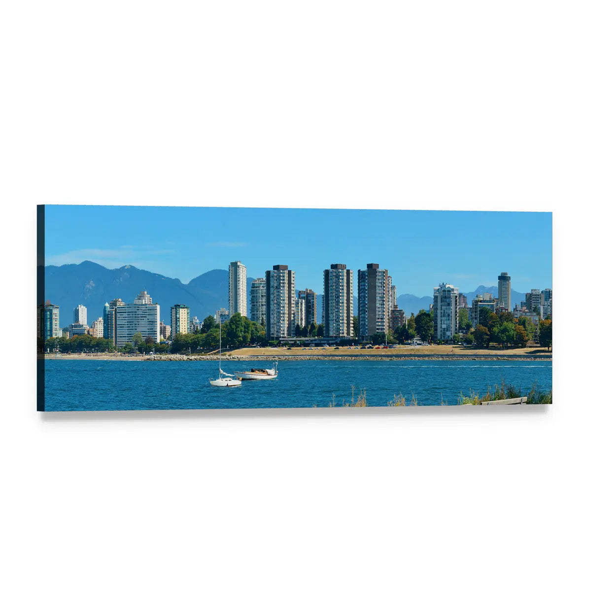 Vancouver Waterfront Skyline Panoramic Canvas Wall Art, single panel gallery wrapped canvas, angled product view