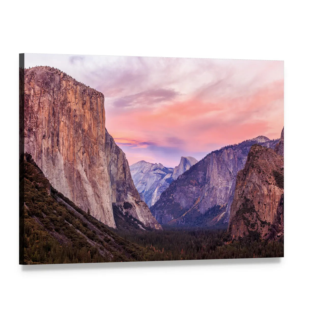 Yosemite National Park Valley Canvas Wall Art, single panel gallery wrapped canvas, angled product view