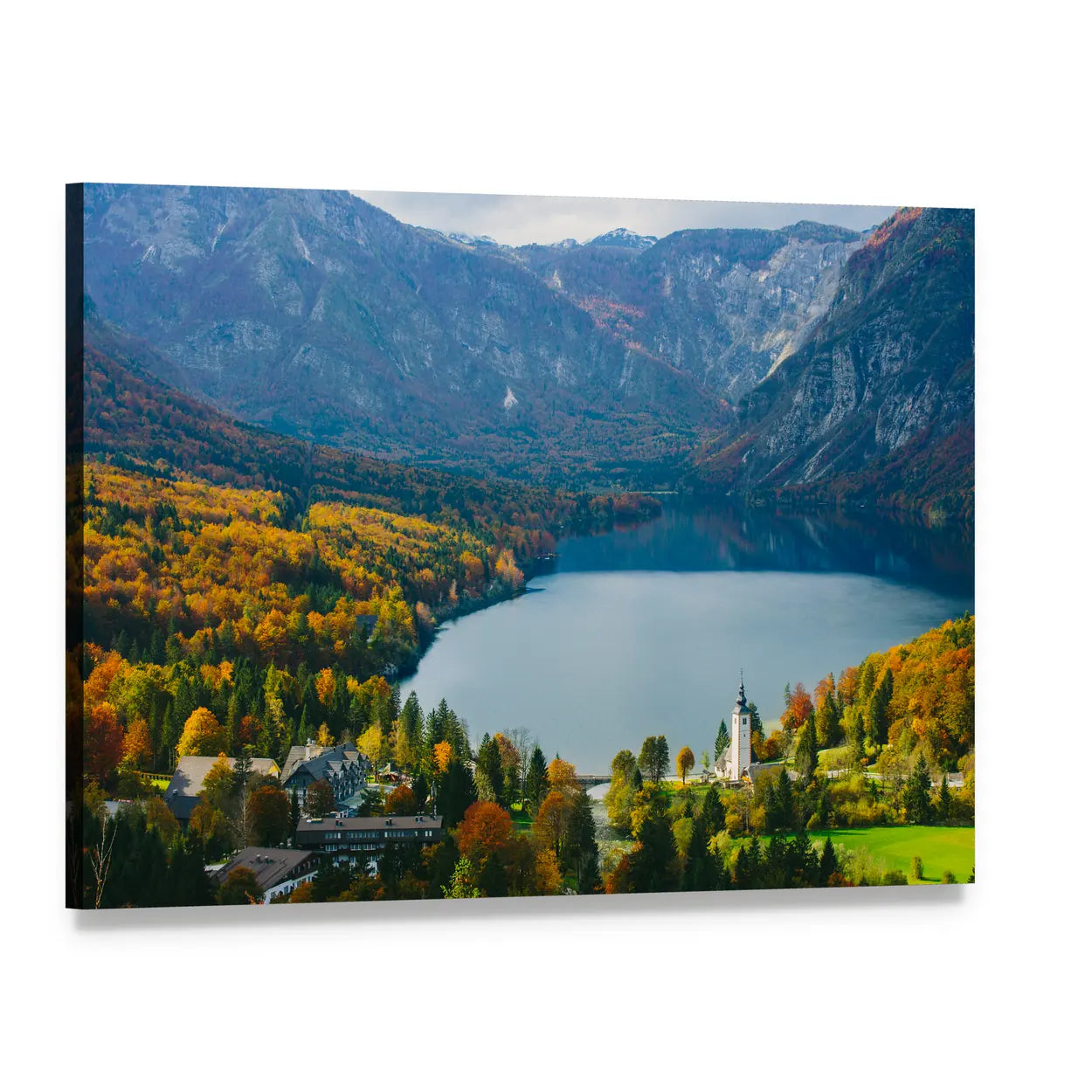 Bohinj Lake Autumn Landscape Canvas Wall Art, single panel gallery wrapped canvas, angled product view