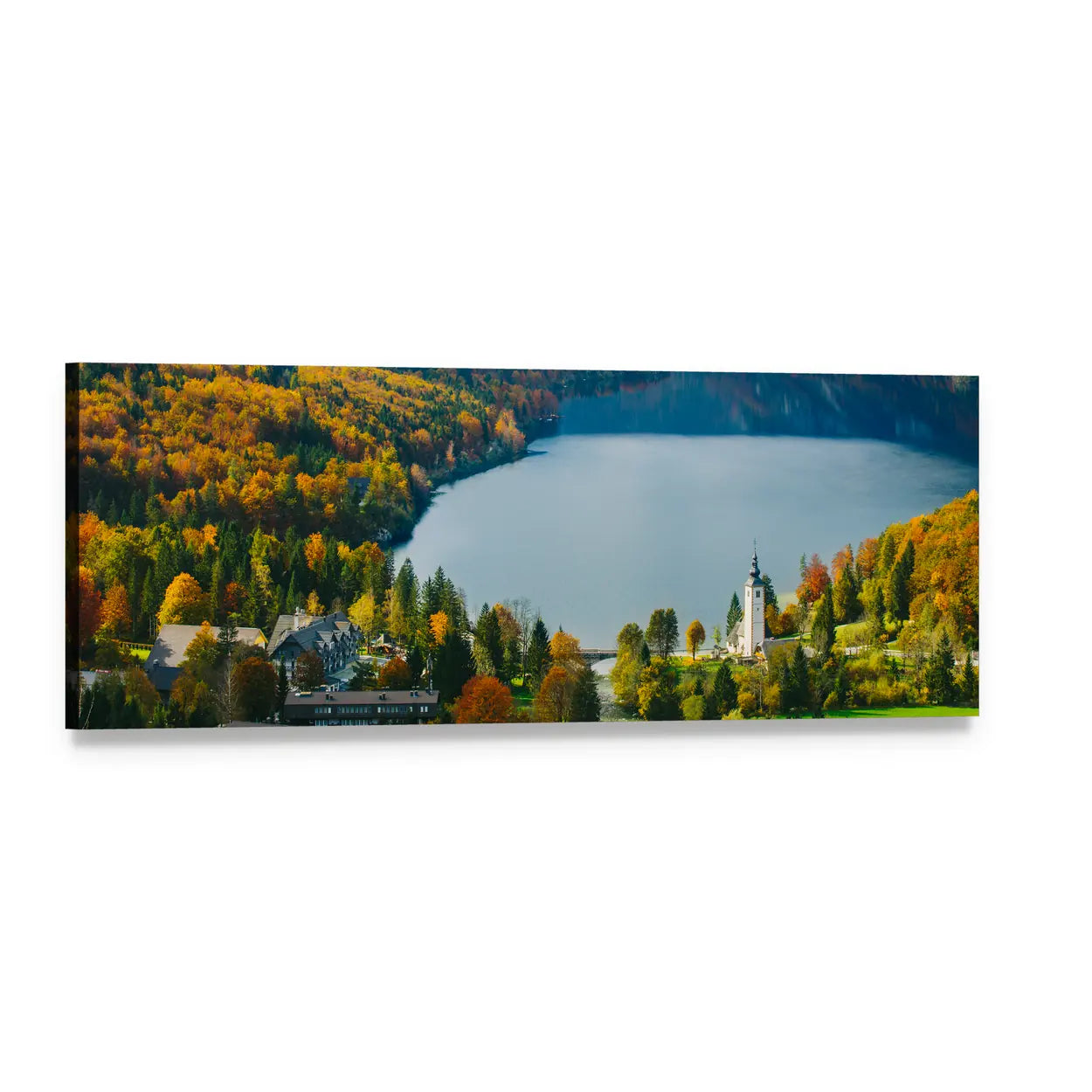 Bohinj Lake Autumn Landscape Panoramic Canvas Wall Art, single panel gallery wrapped canvas, angled product view