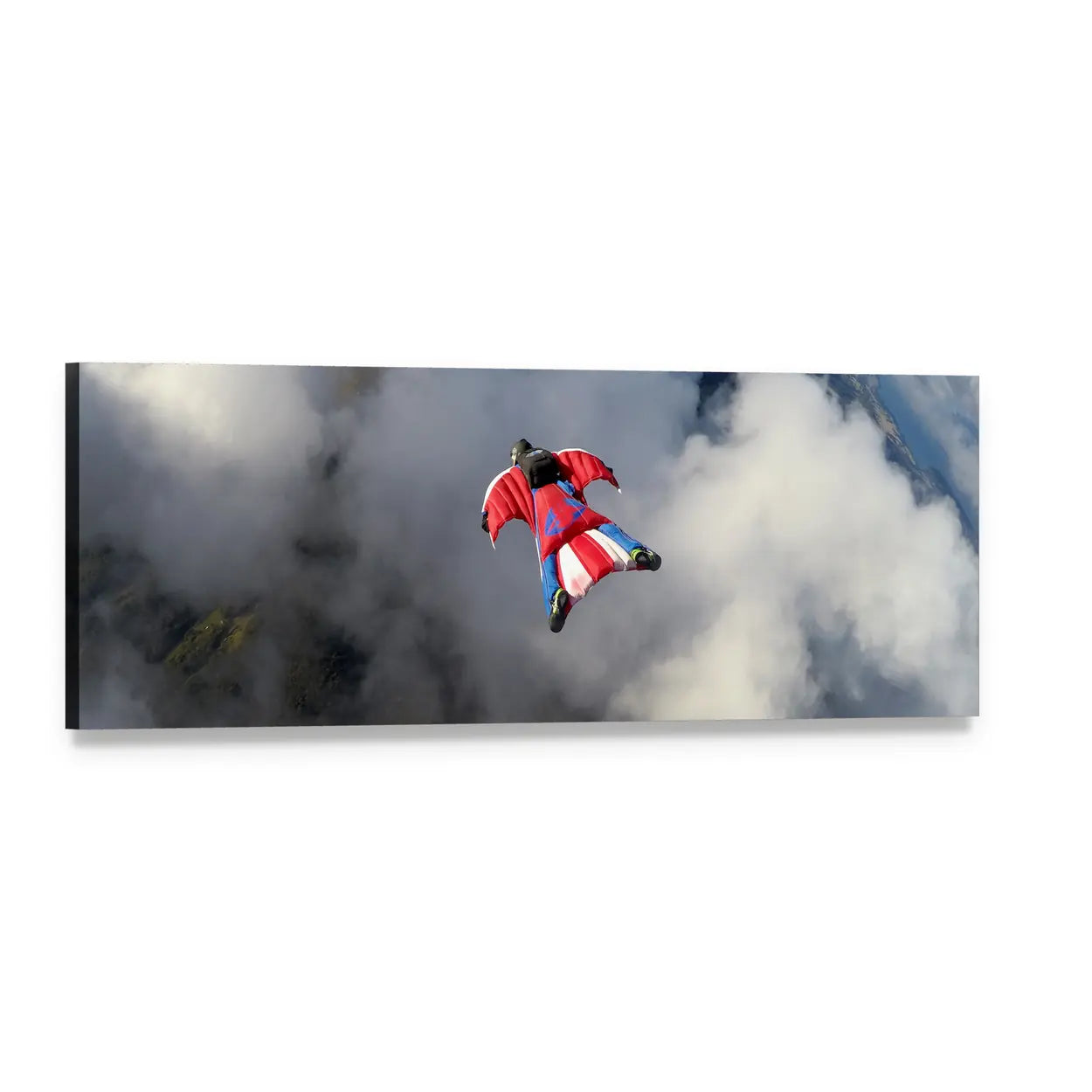 Wingsuit Flyer Over Jagged Mountain Peaks Panoramic Canvas Wall Art, single panel gallery wrapped canvas, angled product view
