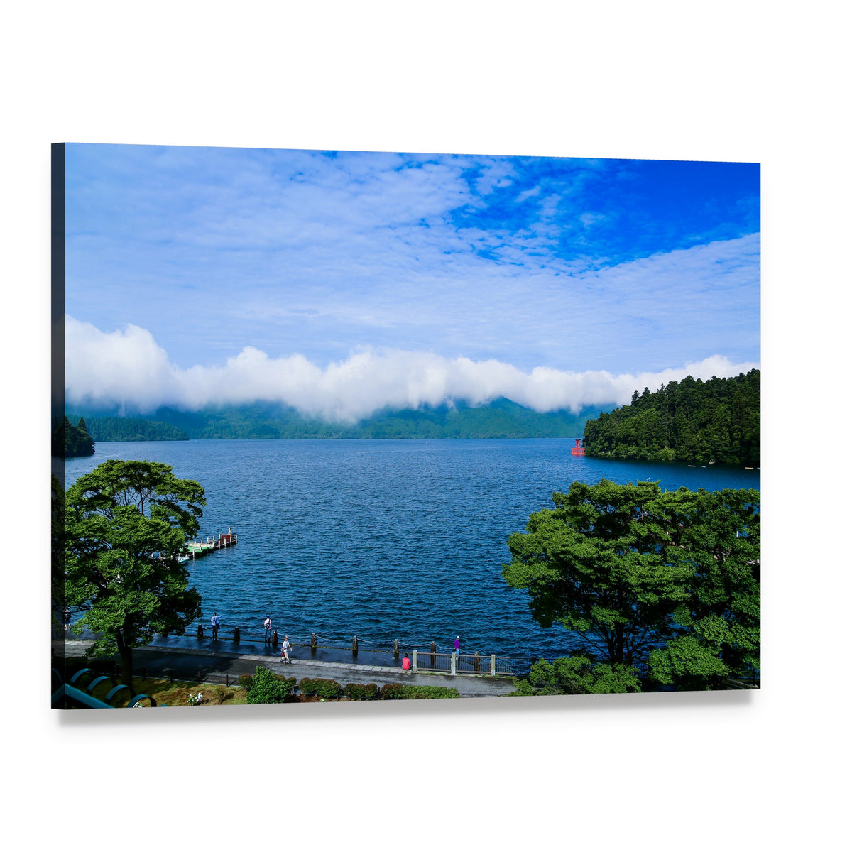 Lake Ashi Dock View with Red Boat Canvas Wall Art, single panel gallery wrapped canvas, angled product view