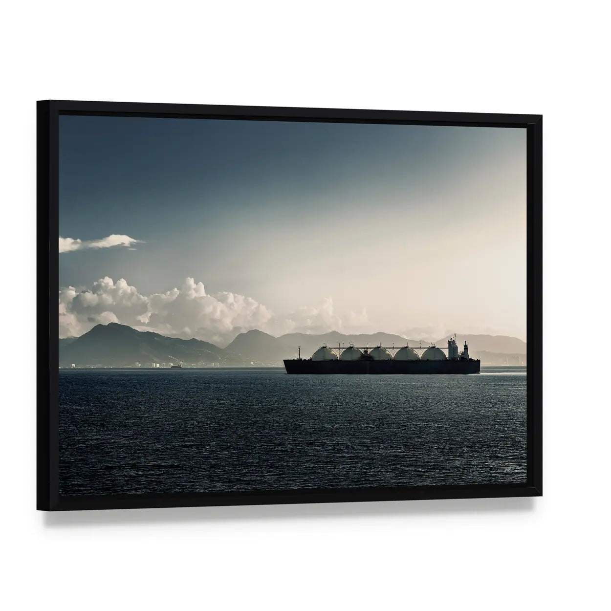 Liquefied Natural Gas LNG Carrier Ship In Sea Canvas Wall Art, framed canvas in a black floater frame, angled product view