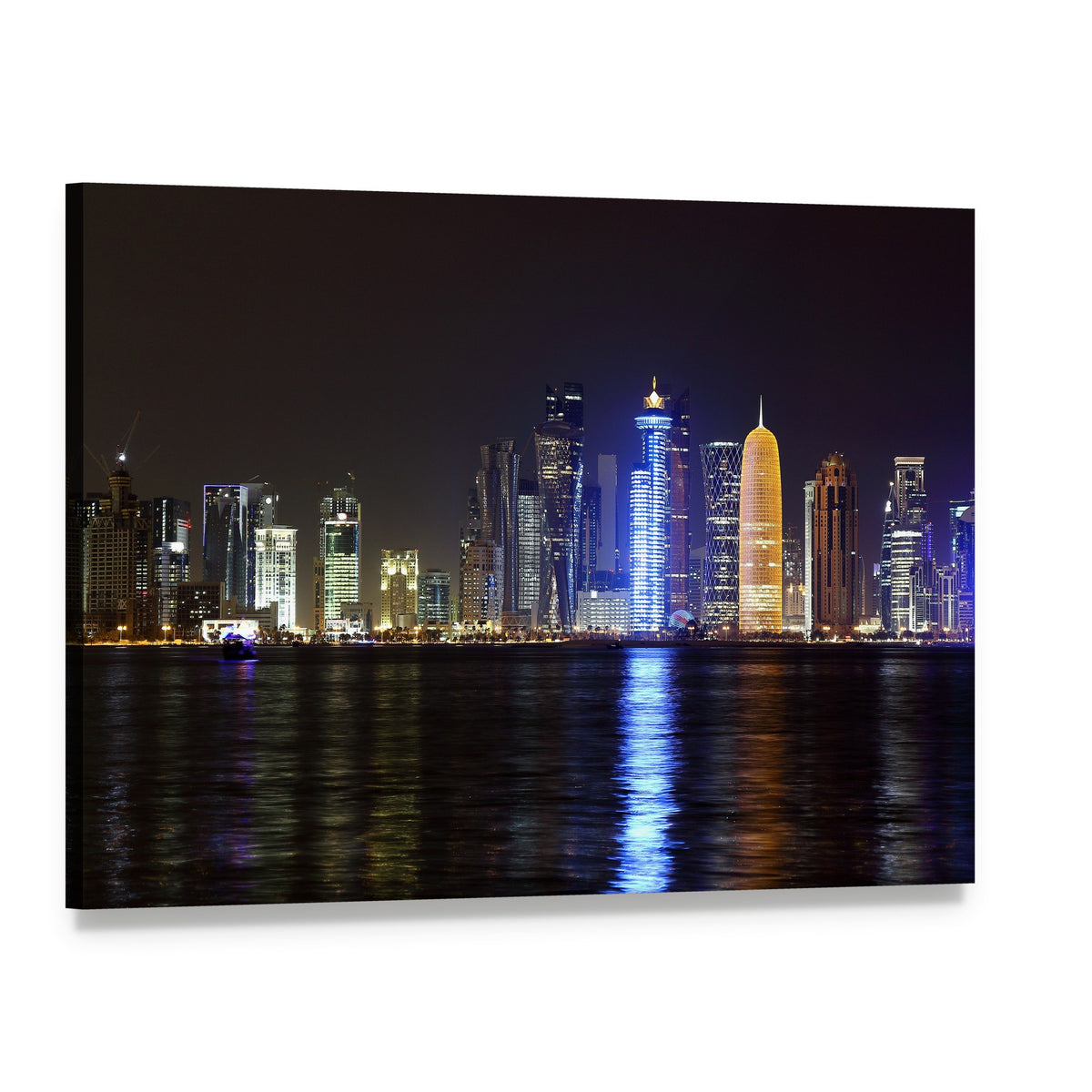 Doha Night Skyline Canvas Wall Art, single panel gallery wrapped canvas, angled product view