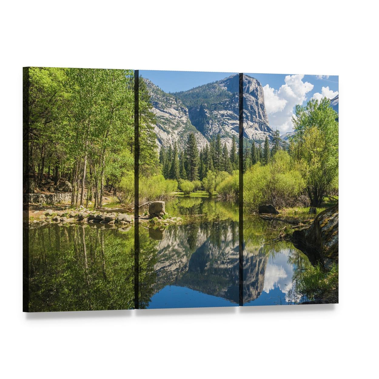 Half Dome Reflection in Mirror Lake Canvas Wall Art, 3 panel 3 Horizontal layout gallery wrapped canvas set, angled product view