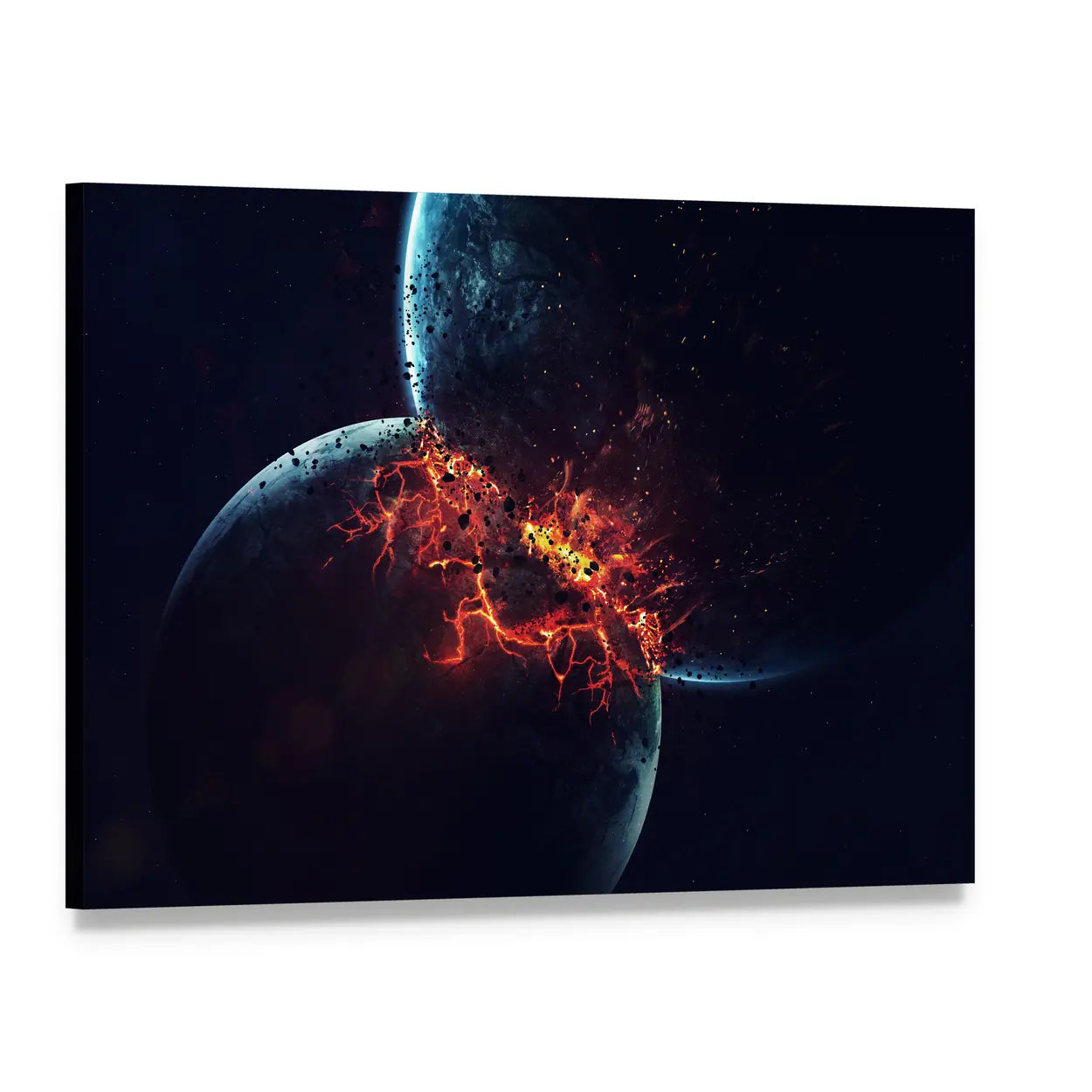 Two Planets Collision in Outer Space Canvas Wall Art, single panel gallery wrapped canvas, angled product view