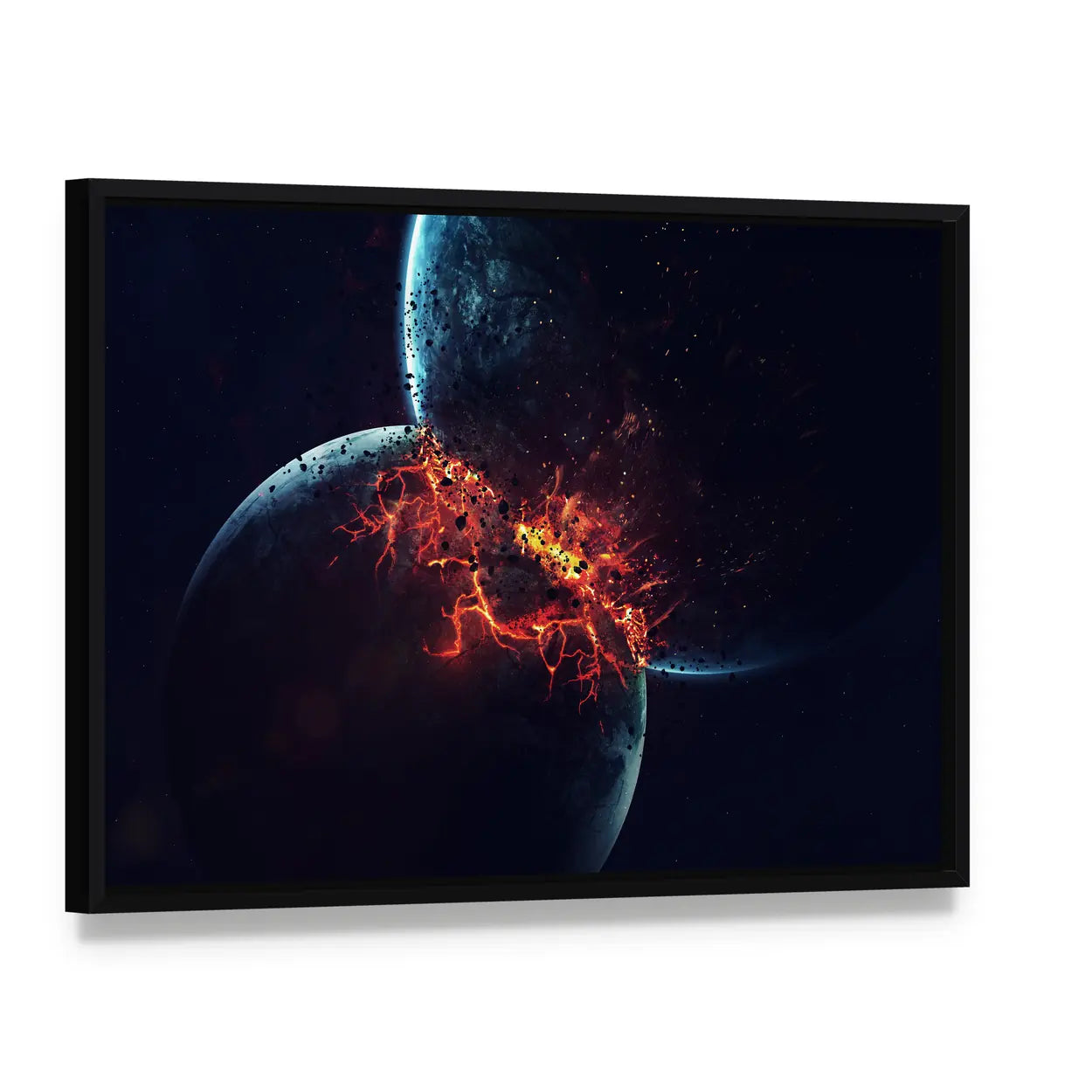 Two Planets Collision in Outer Space Canvas Wall Art, framed canvas in a black floater frame, angled product view