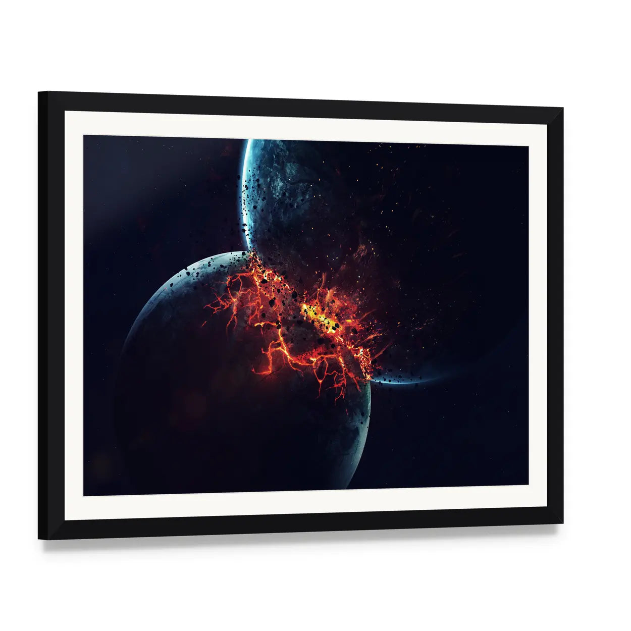 Two Planets Collision in Outer Space Canvas Wall Art, framed print with white mat and black frame, angled product view