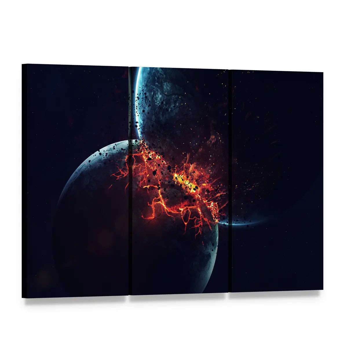 Two Planets Collision in Outer Space Canvas Wall Art, 3 panel 3 Horizontal layout gallery wrapped canvas set, angled product view