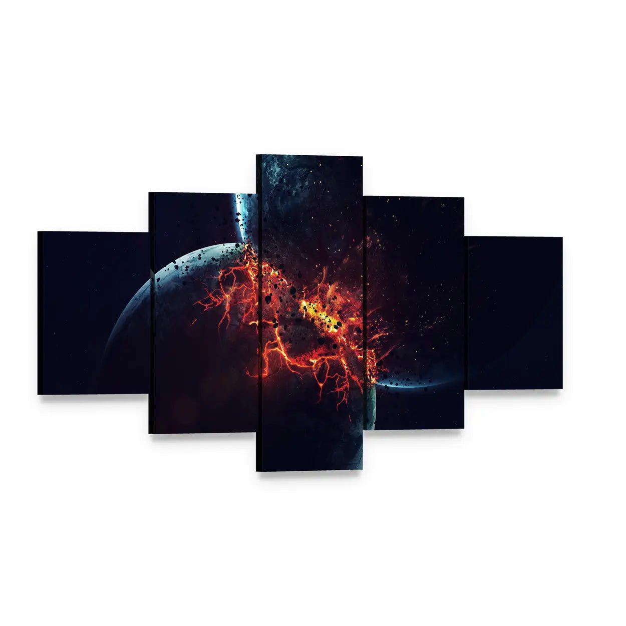 Two Planets Collision in Outer Space Canvas Wall Art, 5 panel 5 Star layout gallery wrapped canvas set, angled product view