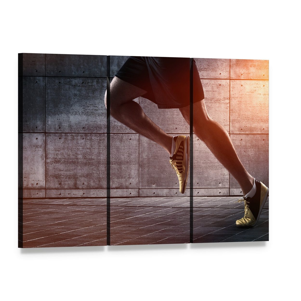 Runner's Legs in Motion on Street Canvas Wall Art, 3 panel 3 Horizontal layout gallery wrapped canvas set, angled product view